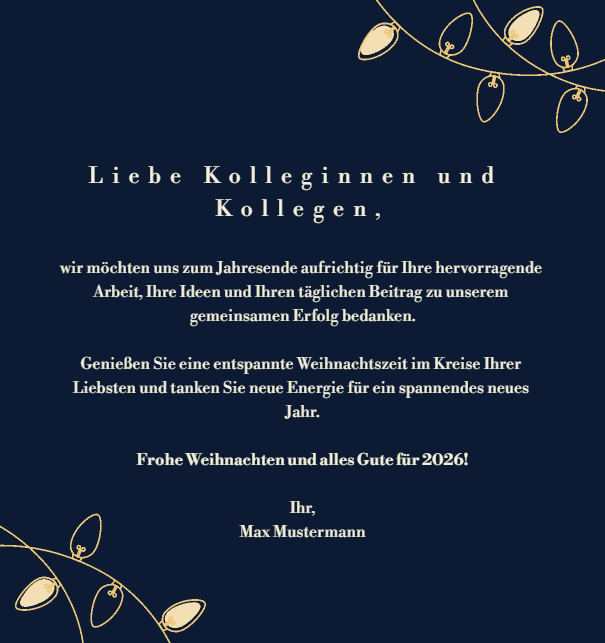 Grosse animierte online Weihnachtskarte mit leuchtenden Weihnachtslichtern Marine.