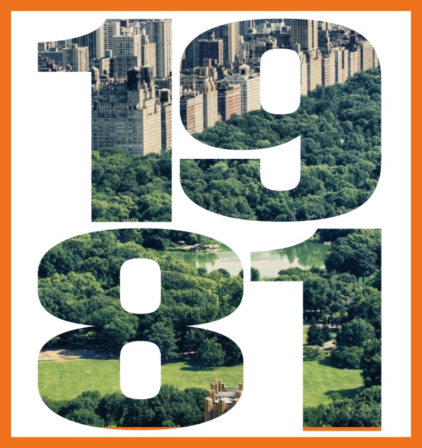 Einladungskarte mit ausgeschnittener 1981 für ein eigenes Foto Orange.