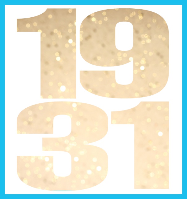 Online Invitation card in large format with cut out 1931 for an own photo or image. Blue.