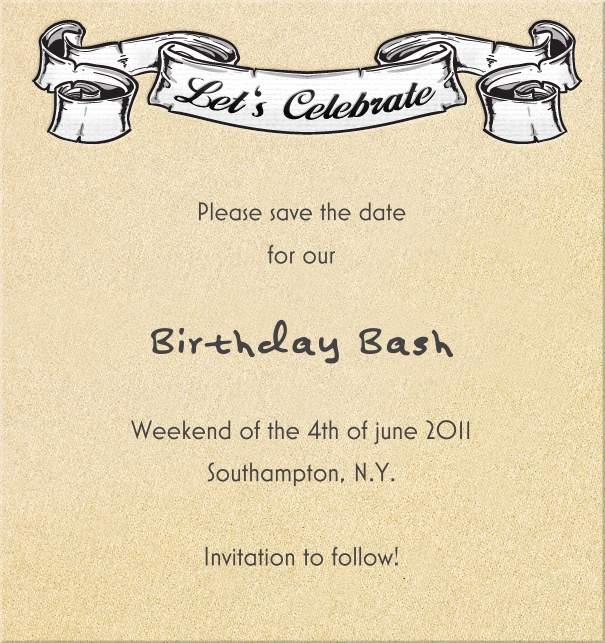 Beige Geburtstag oder Jahrestag save the date Karte in Hochkantformat mit let's celebrate Text mittig oben auf Karte und gestaltetem Text zum anpassen.