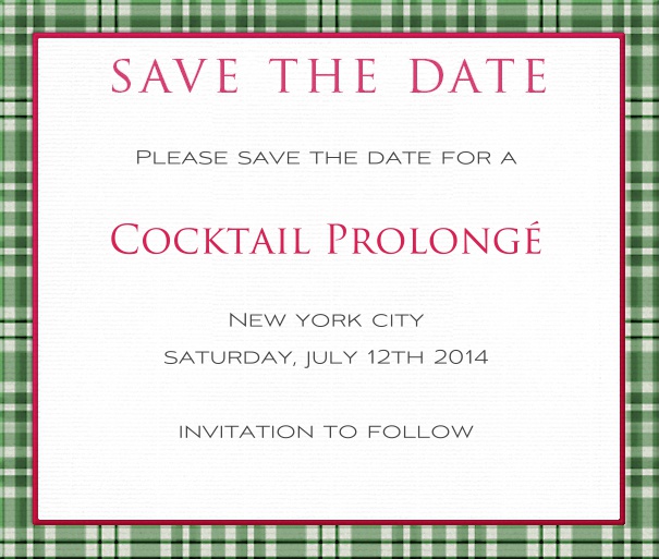White Classic Party Save the Date Card with Green Picnic Border.