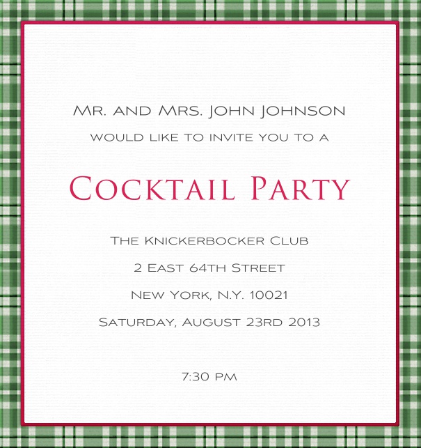Classic Dinner Invitation Card with green squared border.
