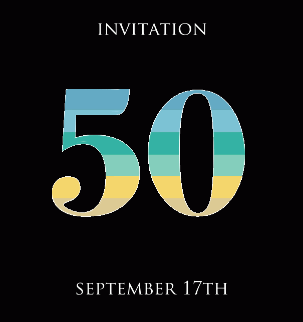 50th Anniversary online invitation card with animated number 50 in beau shades of green, blue and yellow Black.