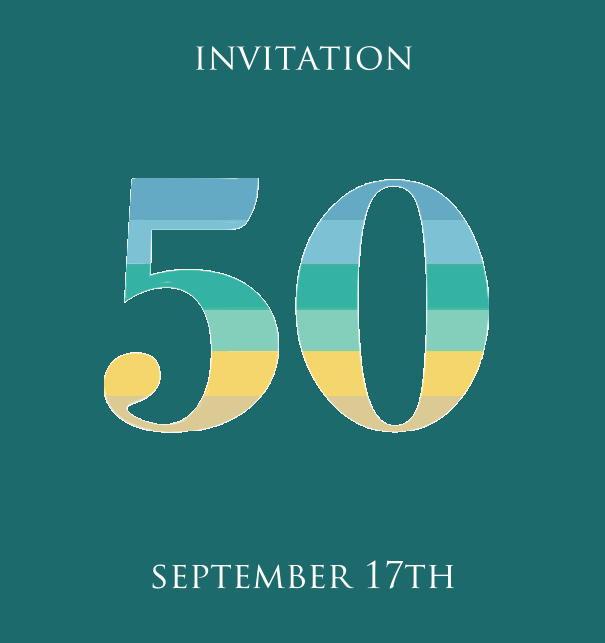 50th Anniversary online invitation card with animated number 50 in beau shades of green, blue and yellow Green.