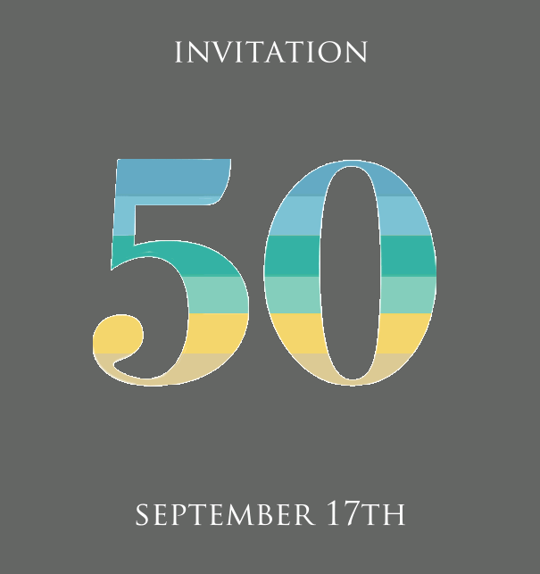 50th Anniversary online invitation card with animated number 50 in beau shades of green, blue and yellow Grey.