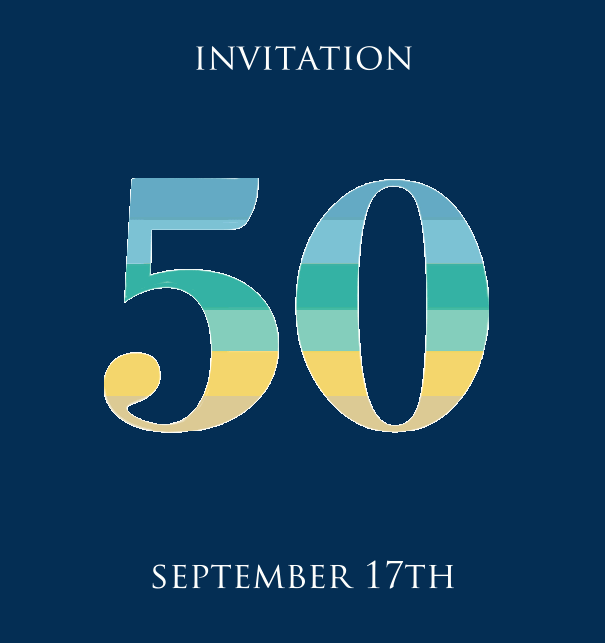 50th Anniversary online invitation card with animated number 50 in beau shades of green, blue and yellow Navy.