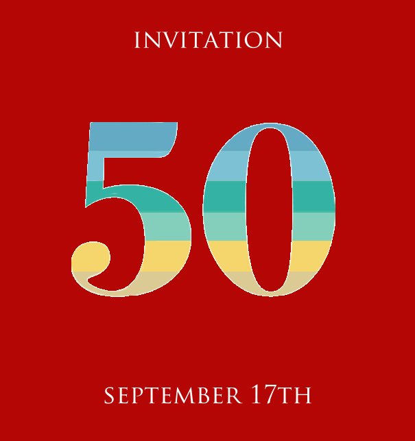 50th Anniversary online invitation card with animated number 50 in beau shades of green, blue and yellow Red.