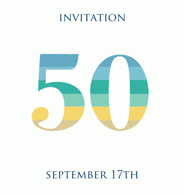 50th Anniversary online invitation card with animated number 50 in beau shades of green, blue and yellow White.