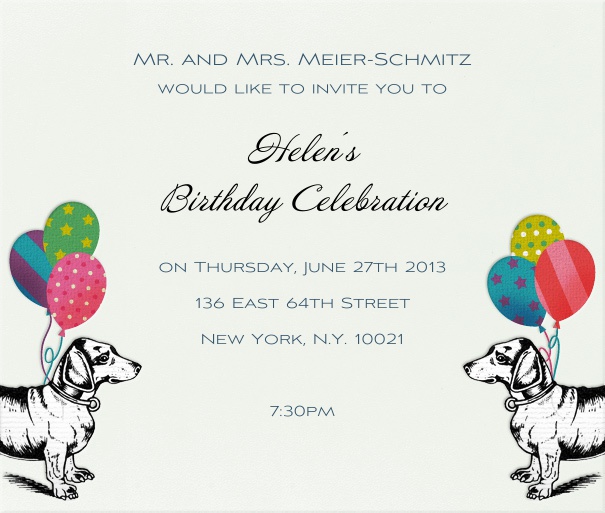 Square White Dogs Birthday Invitation card or Anniversary Invitation with Dachsunds and Balloons.
