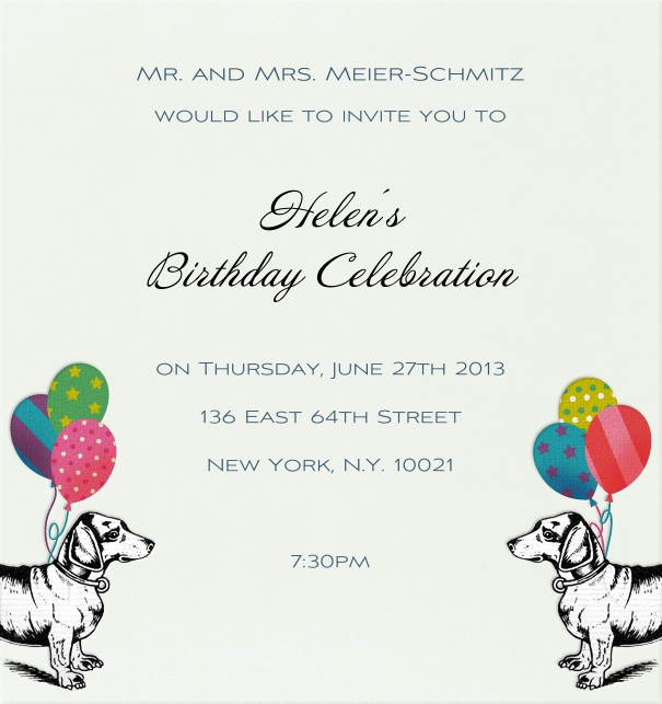 High Format White Dogs Birthday Invitation card or Anniversary Invitation with Dachsunds and Balloons.