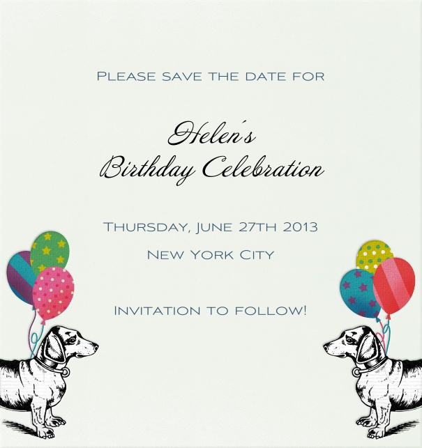 Rectangular themed anniversary Save the Date Card with Dogs and Balloons.