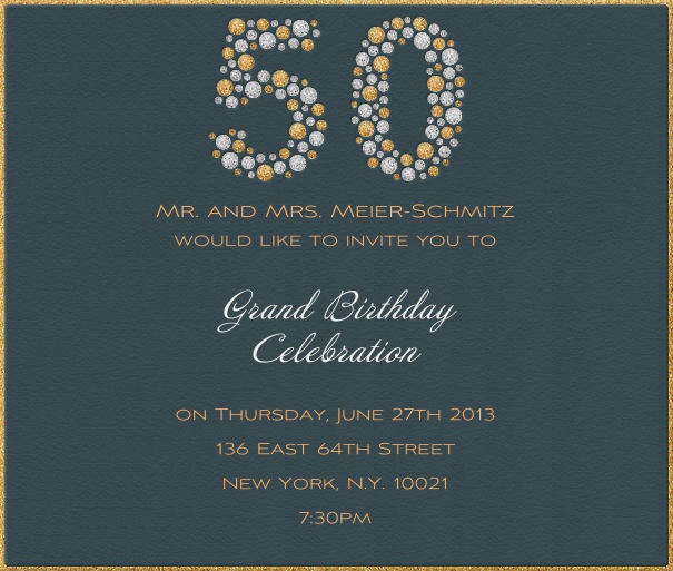Aqua 50th Birthday Invitation Card or 50th Anniversary Invitation with Gold Border.