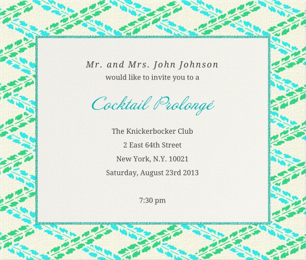 Weiße, klassisch-schicke Einladungskarte mit künstlerischem blau-grünem Rahmen.