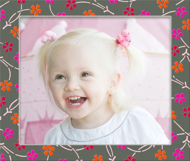 Square format Customizable Photo Invitation card for baby photos with floral border.