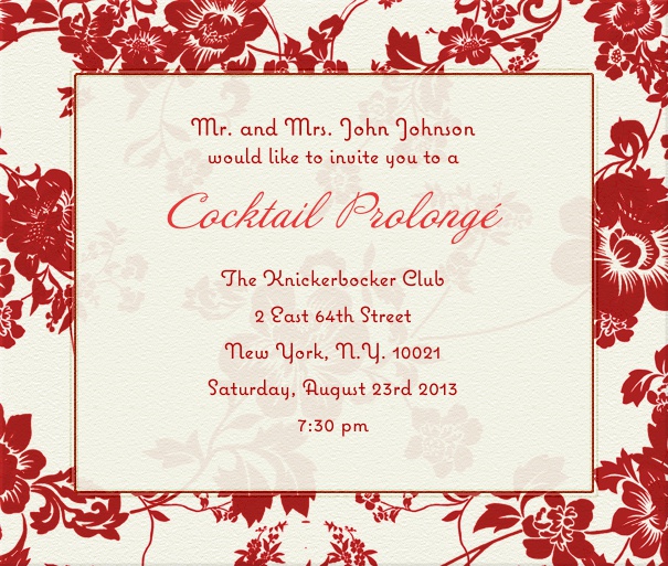 Weisse klassisch schick Einladungskarte in Quadratformat mit kunsterlischem rotem Blumen-Rahmen.