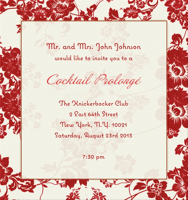 Weisse klassisch schick Einladungskarte in hochkantformat mit kunsterlischem rotem Blumen-Rahmen.