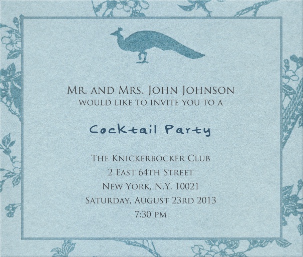 Blue, classic Party Invitation Card with peacock and floral border.