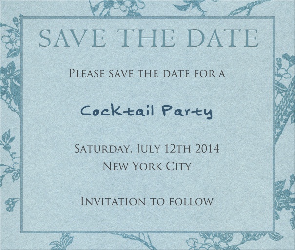 Blaue Save the date Karte mit Blumendekoration.