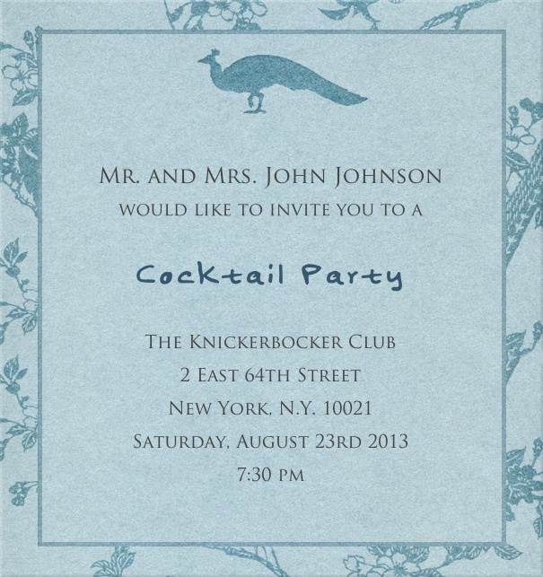 Blue, classic Party Invitation Card with peacock and floral border.