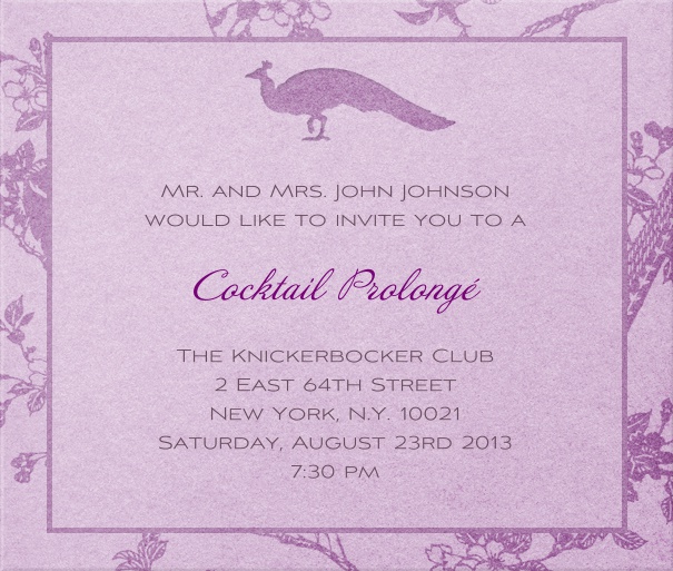 Square Purple classic Party invitation template with peacock and floral border.