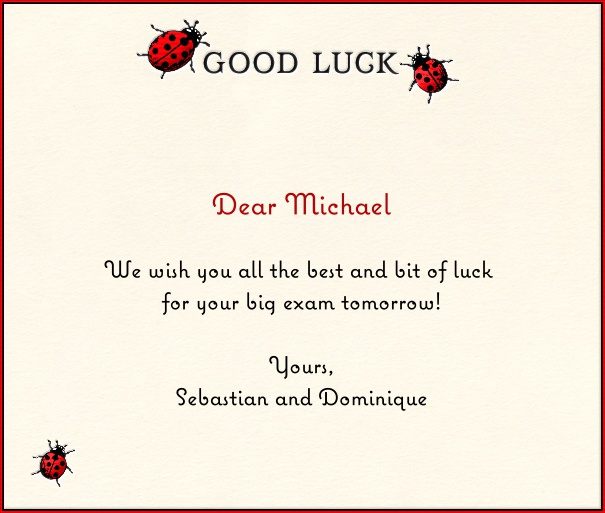 Beige Good Luck Card with Ladybugs.