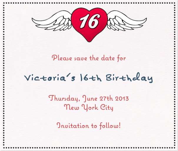 Weisse 16. Geburtstag oder 16. Hochzeitstag save the date Karte mit Herz mit Flügeln.