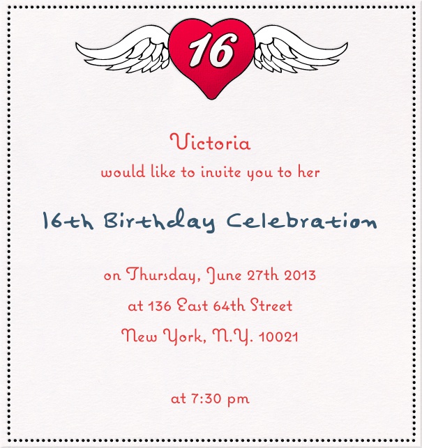 High Format Beige Sweet Sixteen Invitation or Birthday Invitation Card with Heart and Wings.