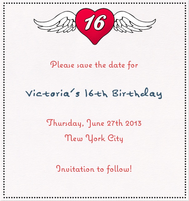 Rectangular white 16th birthday party save the date card with Heart and wings.