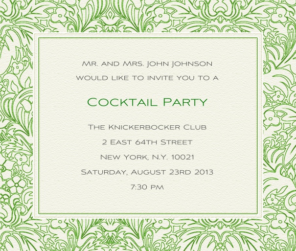 White, classic Wedding Invitation with green floral border.