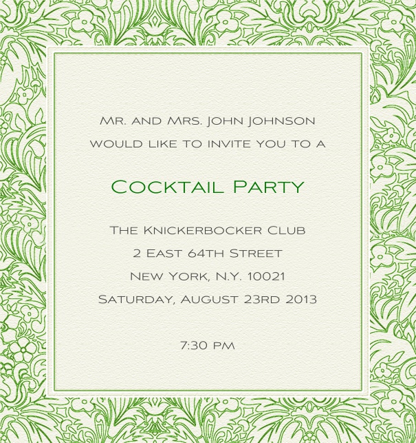 White, classic Wedding Invitation with green floral border.