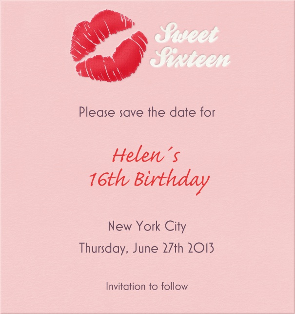 Pinke Geburtstag oder Jahrestag save the date Karte in Hochkantformat mit großem sweet sixteen Text und Kussmund Image mitte oben auf der Karte und gestaltetem Text zum anpassen.