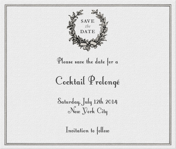 White Classic Cocktail Save the Date Card with Wreath and Grey border.