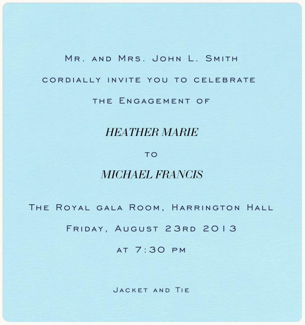 hellblaufarbene elegante Einladungskarte in Hochkantformat mit weissem Rand.