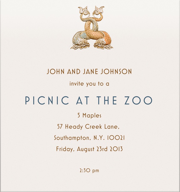 Picnic or Cocktail Invitation with artistic animal element at the topcentre.