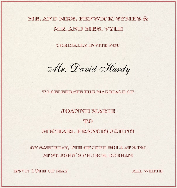 Paper color Classic Wedding Invitation Template customizable with red border.