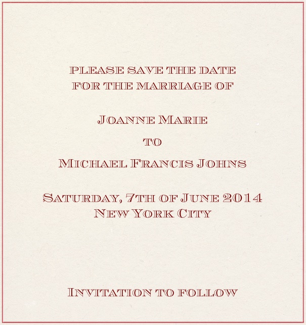 Hochzeits Save the Date in Hochkant mit rosa Rahmen und persönlicher Anrede des Empfängers.