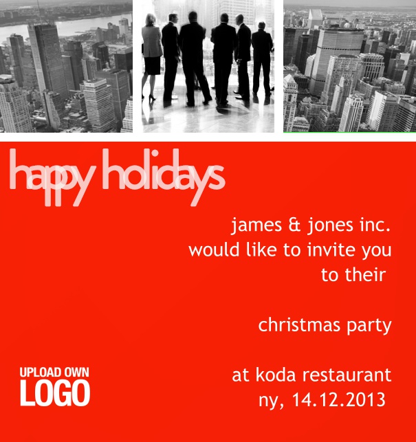 Seasonal Christmas Party Invitation Customizable Online with New York Skyline and Happy Holidays in red..