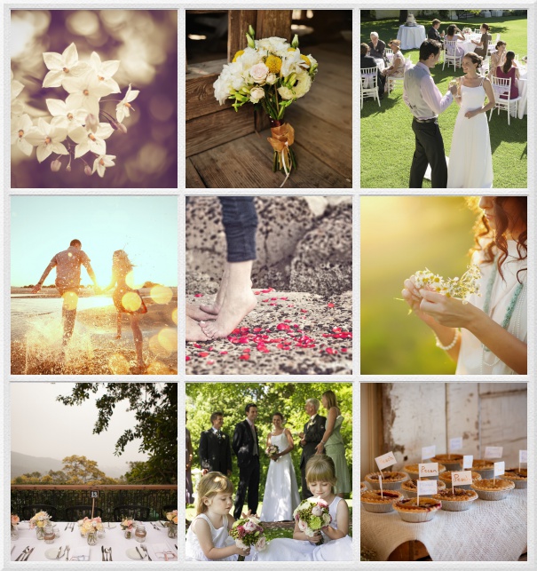 Hochzeit Save the Date Fotokarte auf weißem Papier mit 9 Fotofelderoptionen.