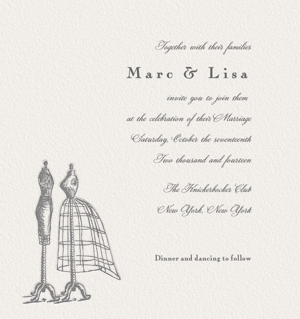Beige Online Hochzeitseinladungskarte mit Schneiderpuppen und veränderbarem Textfeld.