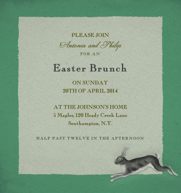 Green online invitation template with green background and grey text box in the middle.