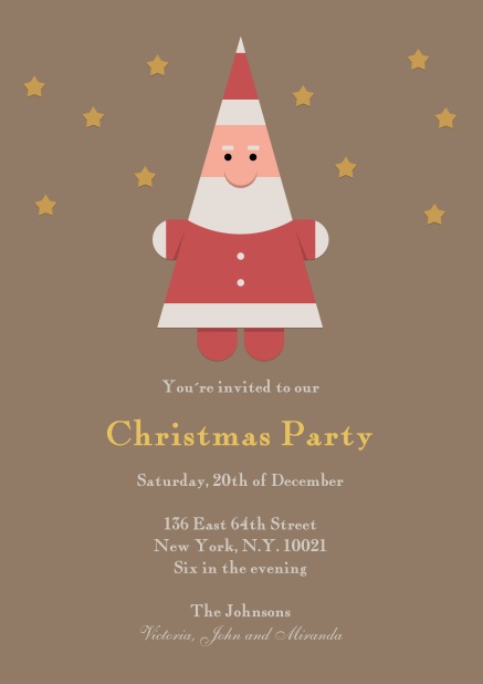 Brown Christmas invitation card with golden stars and Santa Claus