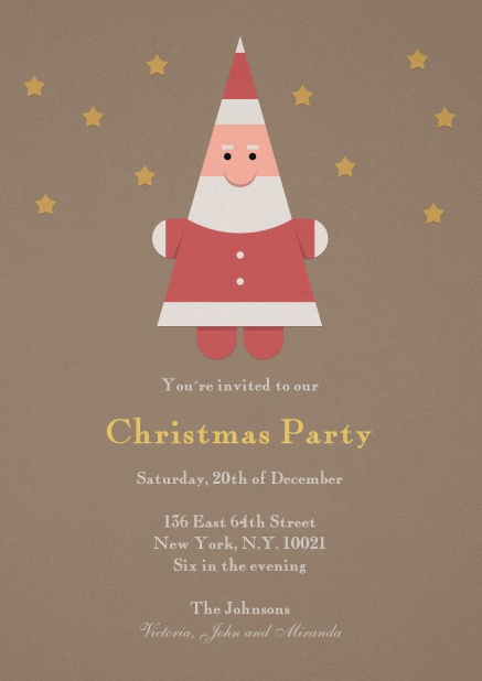 Brown Christmas invitation card with golden stars and Santa Claus