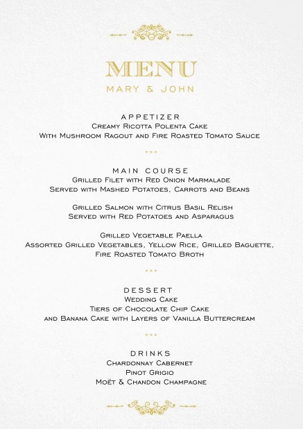 White menu card with gold illustrations and grey editable text.
