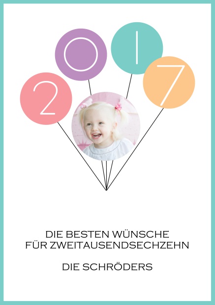 Online Karte für Neujahrsgrüße mit blauem Rahmen und 2015 in Ballondesign und Fotofeld.