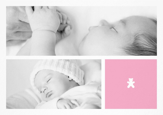 Birth announcement with photo boxes, little bear and 2nd page for customizable text. Pink.