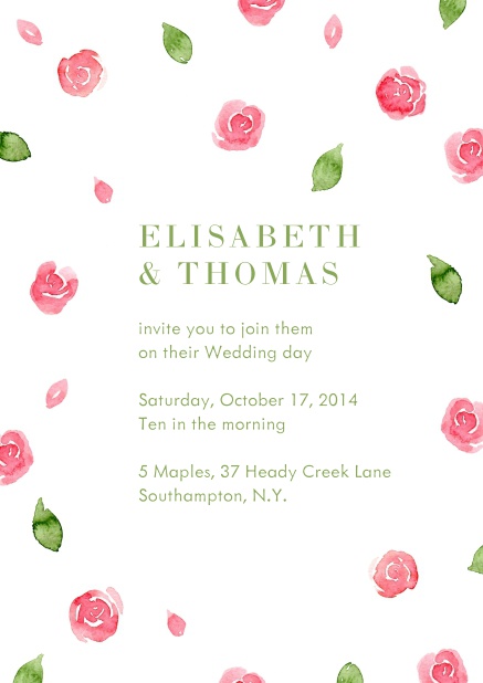 Online wedding invitation card with red roses and green leaves.