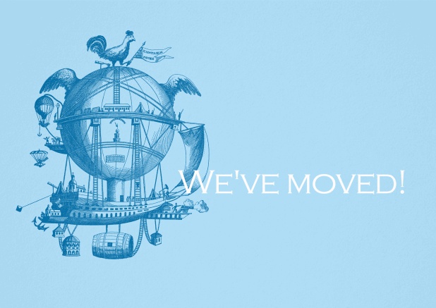 Blue moving announcement card with surreal image.