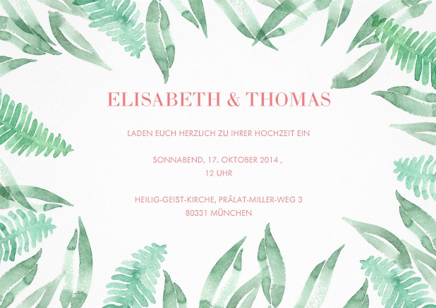 Einladungskarte in Querformat mit grünem Blättern mit Wasserfarbe gemalt.
