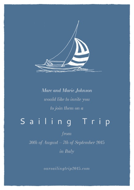 Blue online invitation card with sailing boat and editable text.