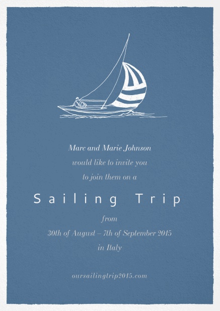 Blaue Karte mit weißem Boot und veränderbarem Text.